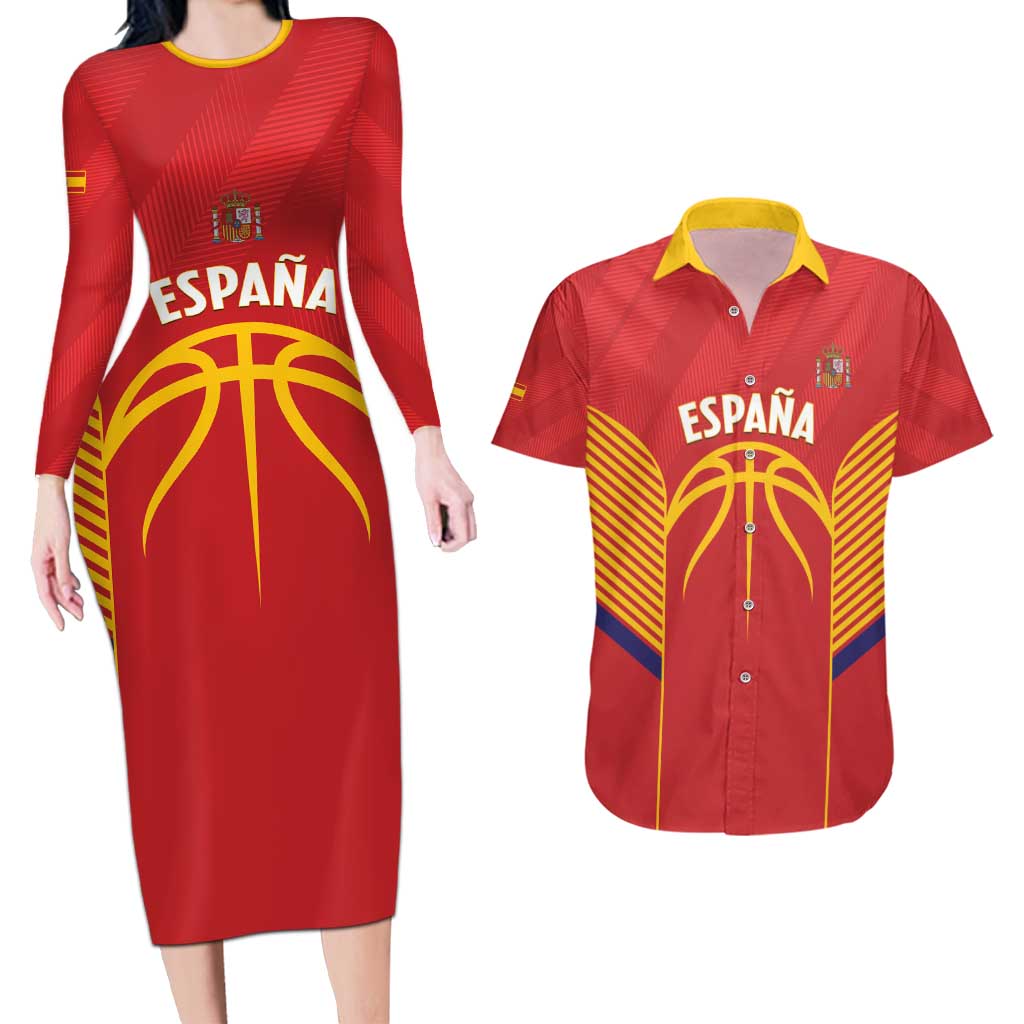 Spain Basketball Custom Couples Matching Long Sleeve Bodycon Dress and Hawaiian Shirt La Roja Go Champions - Wonder Print Shop