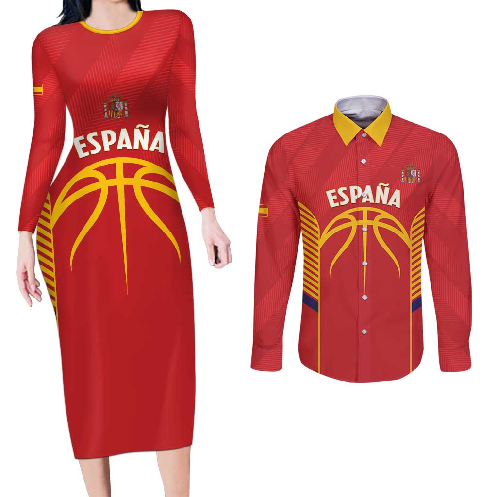 Spain Basketball Custom Couples Matching Long Sleeve Bodycon Dress and Long Sleeve Button Shirt La Roja Go Champions - Wonder Print Shop