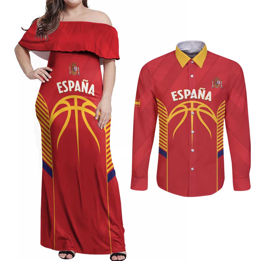 Spain Basketball Custom Couples Matching Off Shoulder Maxi Dress and Long Sleeve Button Shirt La Roja Go Champions - Wonder Print Shop