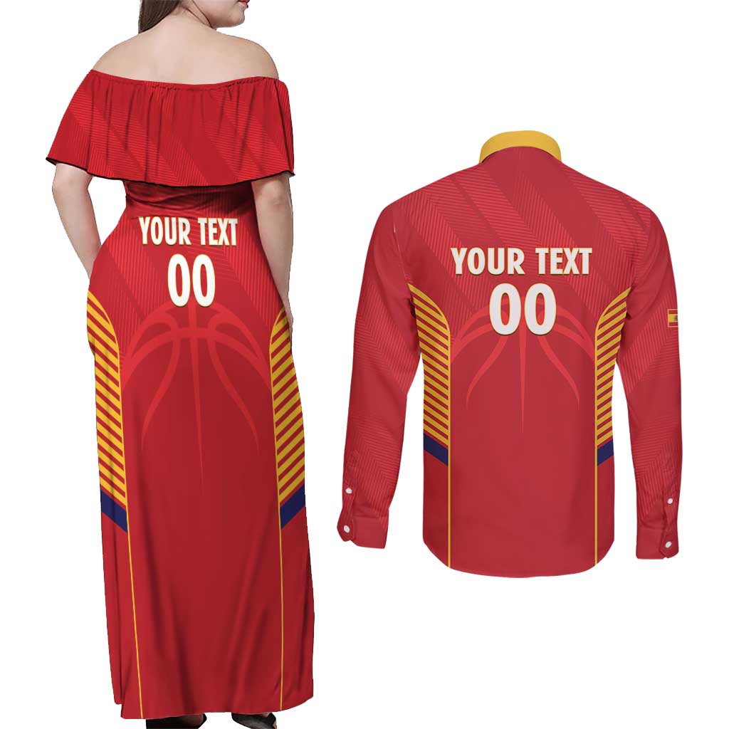 Spain Basketball Custom Couples Matching Off Shoulder Maxi Dress and Long Sleeve Button Shirt La Roja Go Champions - Wonder Print Shop