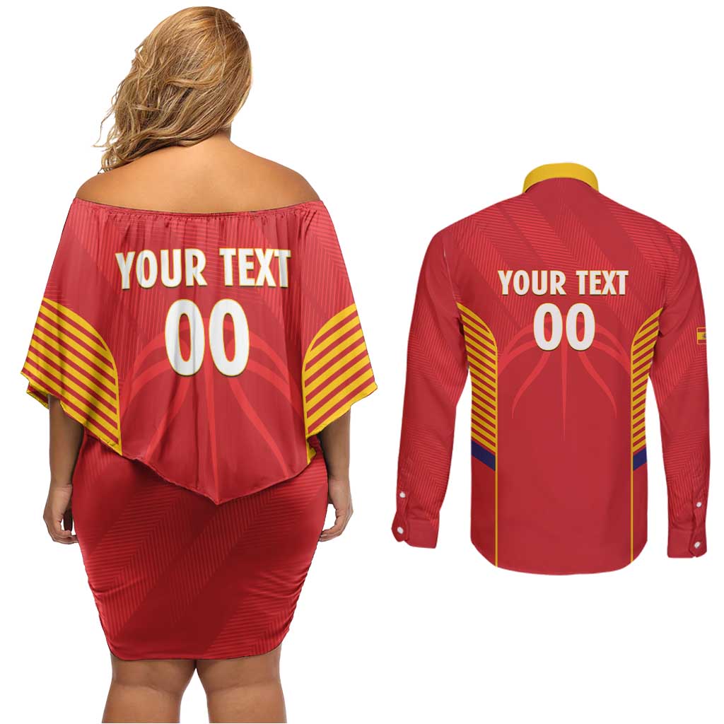 Spain Basketball Custom Couples Matching Off Shoulder Short Dress and Long Sleeve Button Shirt La Roja Go Champions - Wonder Print Shop