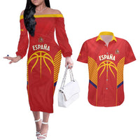 Spain Basketball Custom Couples Matching Off The Shoulder Long Sleeve Dress and Hawaiian Shirt La Roja Go Champions - Wonder Print Shop