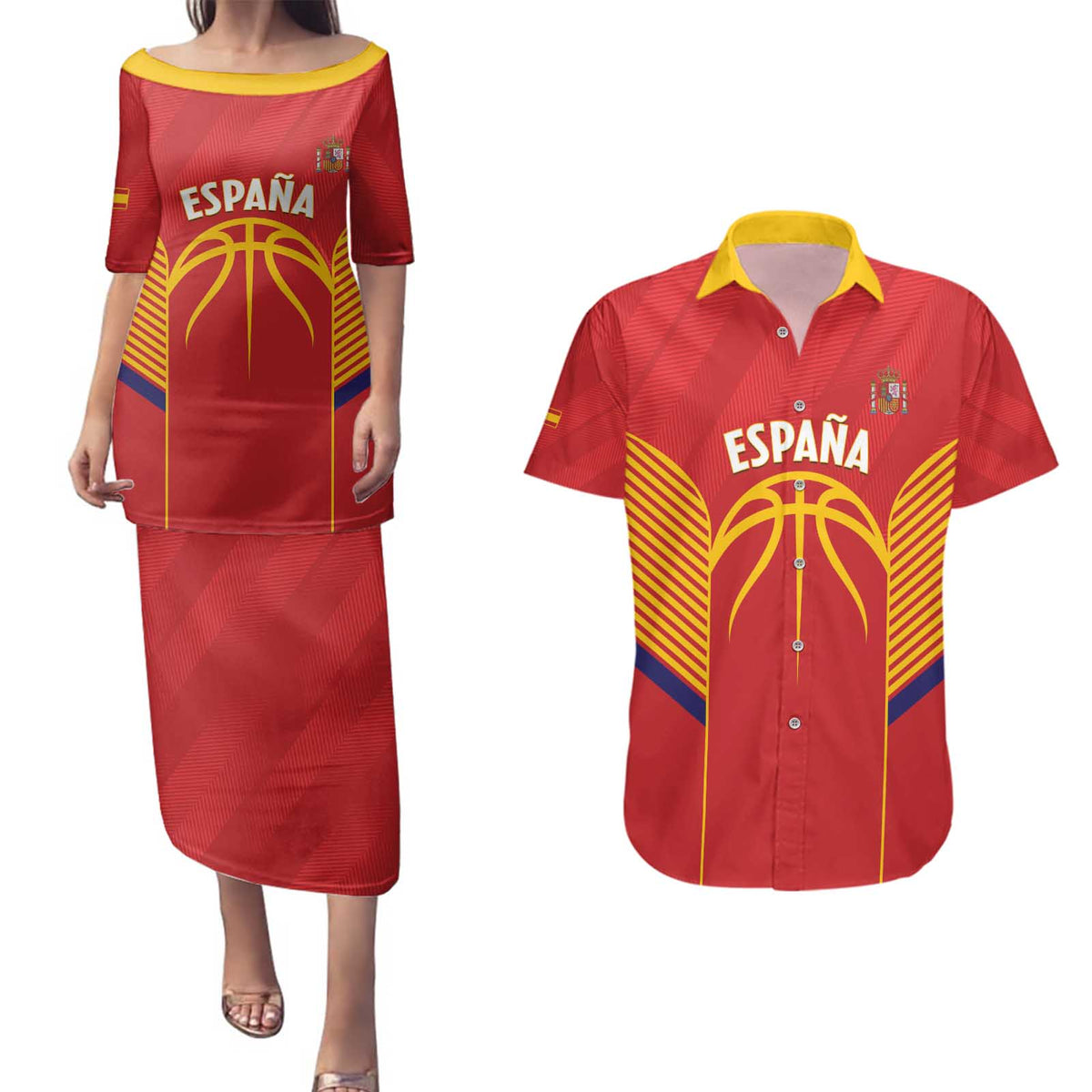 Spain Basketball Custom Couples Matching Puletasi and Hawaiian Shirt La Roja Go Champions - Wonder Print Shop