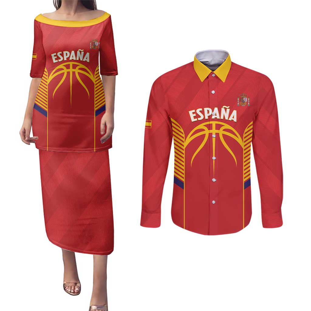 Spain Basketball Custom Couples Matching Puletasi and Long Sleeve Button Shirt La Roja Go Champions - Wonder Print Shop
