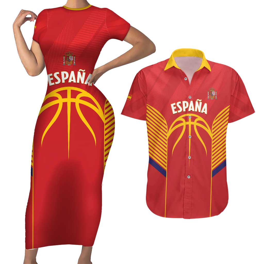 Spain Basketball Custom Couples Matching Short Sleeve Bodycon Dress and Hawaiian Shirt La Roja Go Champions - Wonder Print Shop