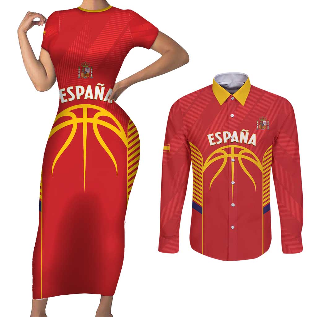 Spain Basketball Custom Couples Matching Short Sleeve Bodycon Dress and Long Sleeve Button Shirt La Roja Go Champions - Wonder Print Shop