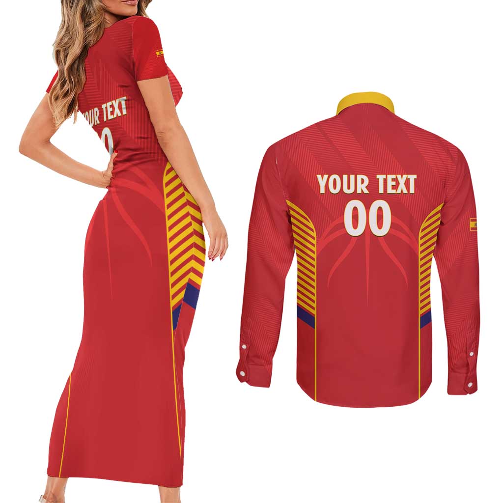 Spain Basketball Custom Couples Matching Short Sleeve Bodycon Dress and Long Sleeve Button Shirt La Roja Go Champions - Wonder Print Shop