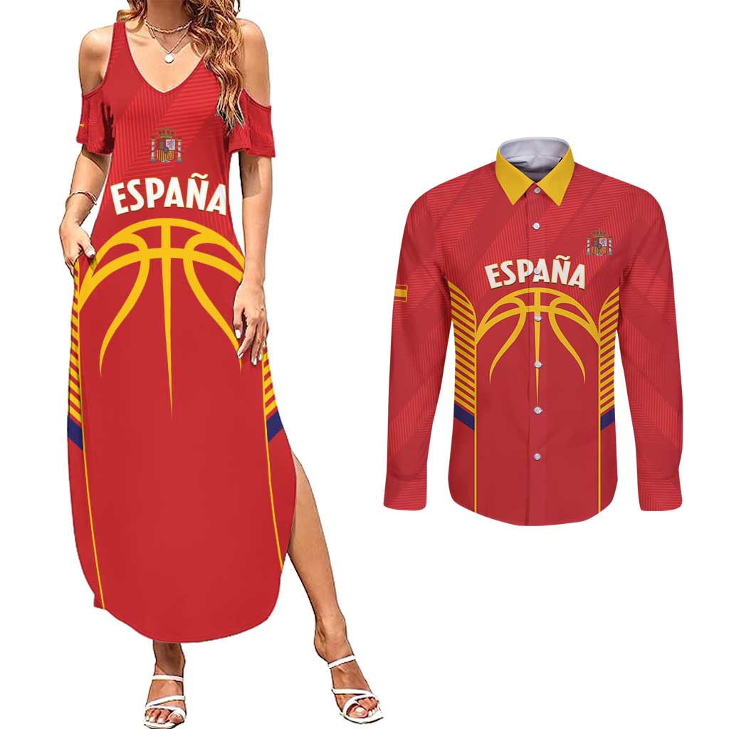 Spain Basketball Custom Couples Matching Summer Maxi Dress and Long Sleeve Button Shirt La Roja Go Champions - Wonder Print Shop