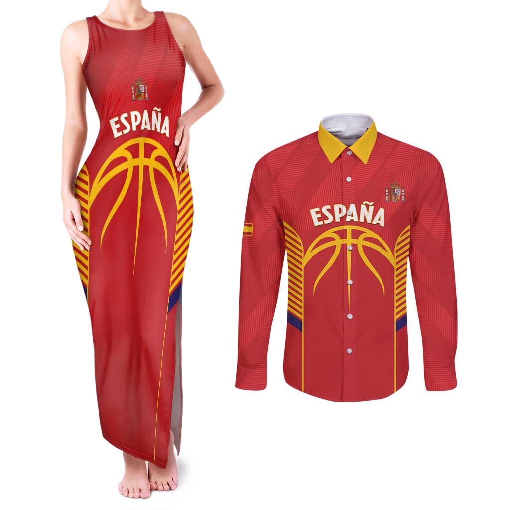 Spain Basketball Custom Couples Matching Tank Maxi Dress and Long Sleeve Button Shirt La Roja Go Champions - Wonder Print Shop