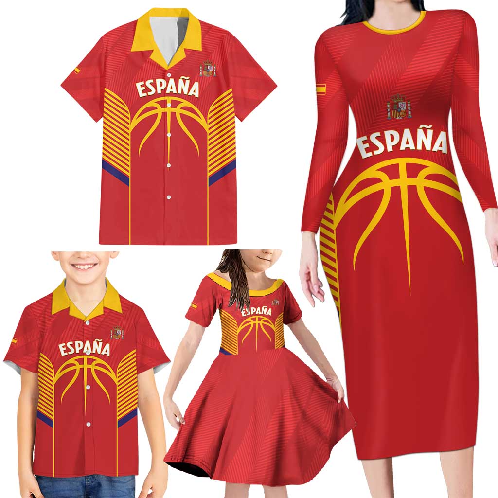 Spain Basketball Custom Family Matching Long Sleeve Bodycon Dress and Hawaiian Shirt La Roja Go Champions - Wonder Print Shop