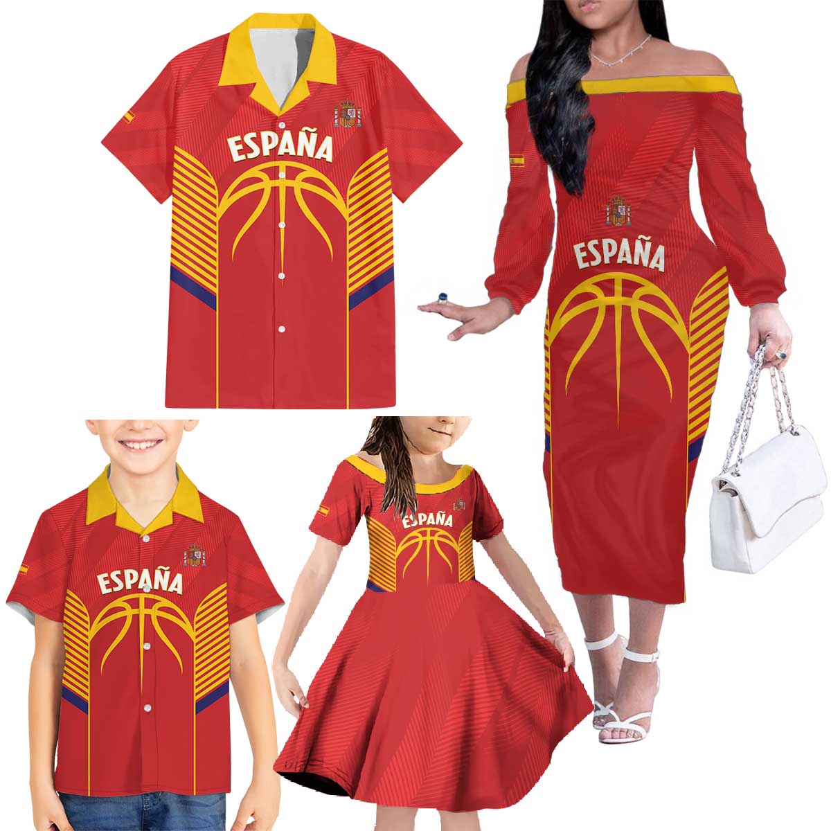 Spain Basketball Custom Family Matching Off The Shoulder Long Sleeve Dress and Hawaiian Shirt La Roja Go Champions - Wonder Print Shop