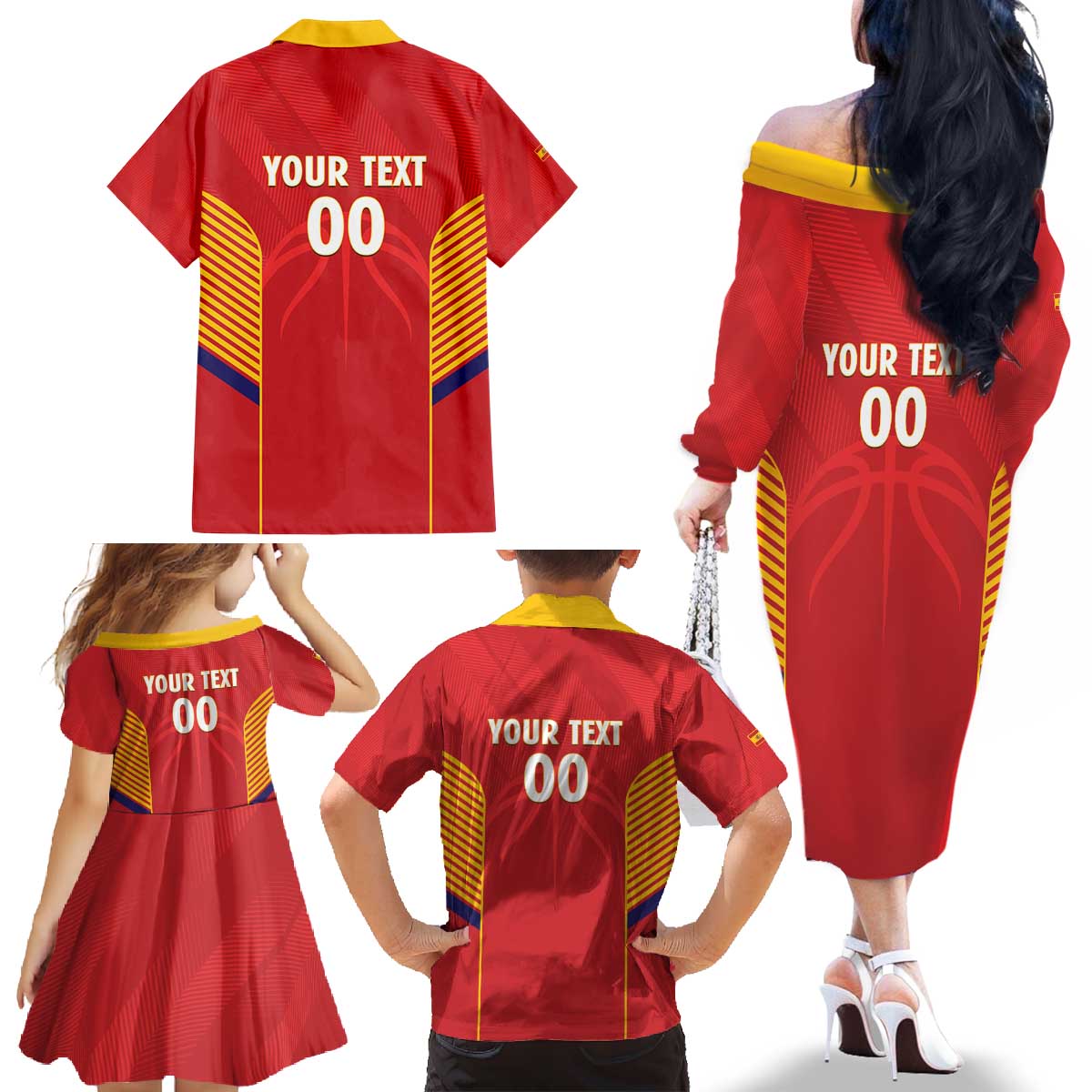 Spain Basketball Custom Family Matching Off The Shoulder Long Sleeve Dress and Hawaiian Shirt La Roja Go Champions - Wonder Print Shop