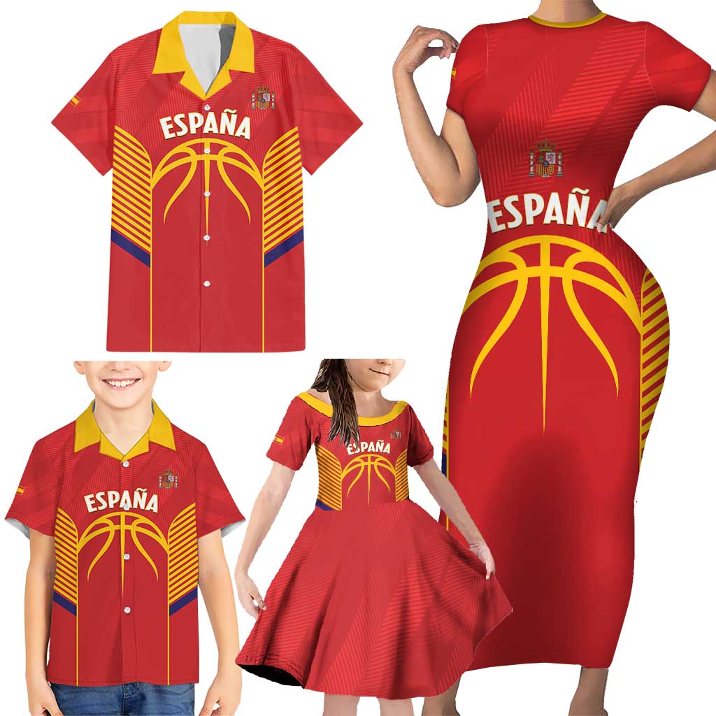 Spain Basketball Custom Family Matching Short Sleeve Bodycon Dress and Hawaiian Shirt La Roja Go Champions - Wonder Print Shop