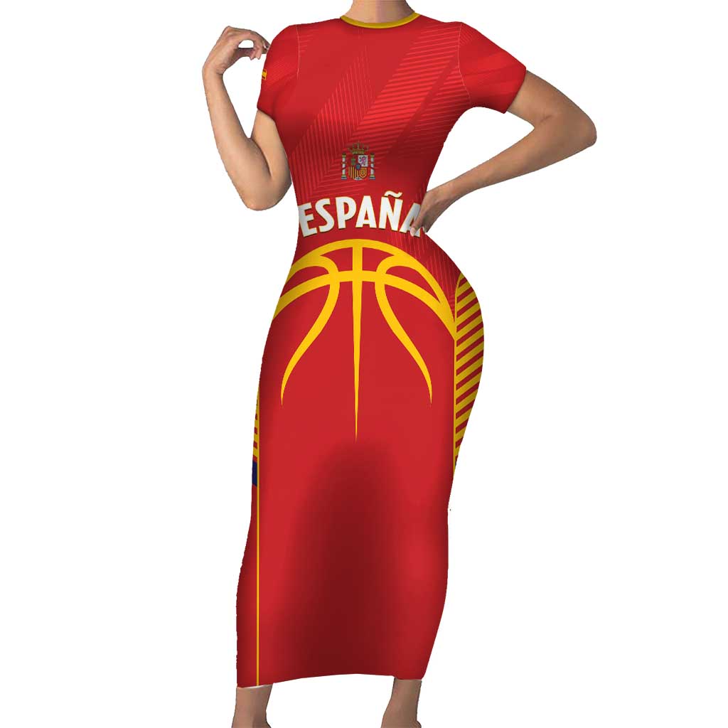 Spain Basketball Custom Short Sleeve Bodycon Dress La Roja Go Champions - Wonder Print Shop