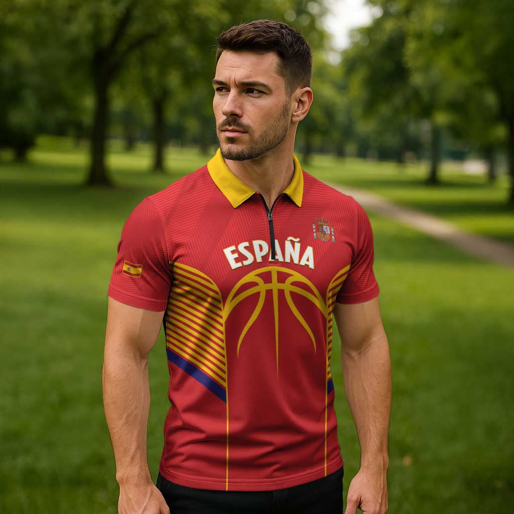 Spain Basketball Custom Zipper Polo Shirt La Roja Go Champions - Wonder Print Shop
