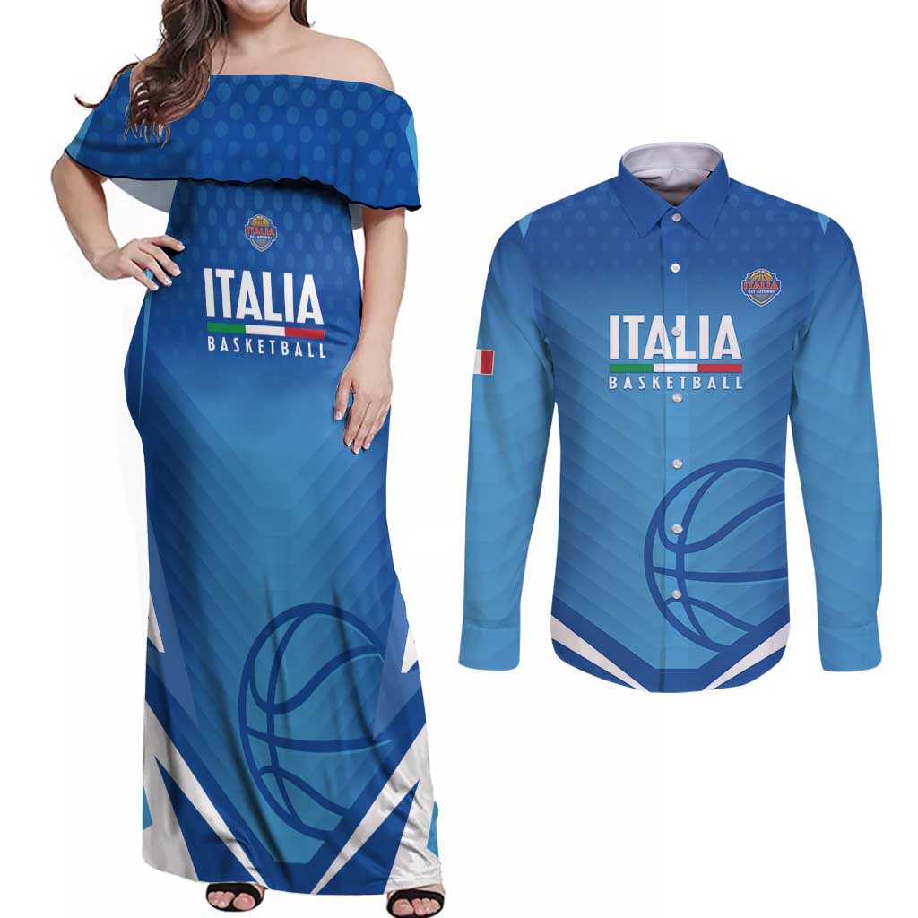 Italy Basketball Custom Couples Matching Off Shoulder Maxi Dress and Long Sleeve Button Shirt Gli Azzurri Go Champions - Wonder Print Shop