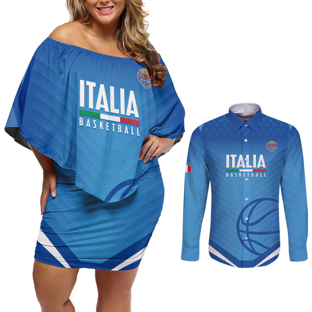 Italy Basketball Custom Couples Matching Off Shoulder Short Dress and Long Sleeve Button Shirt Gli Azzurri Go Champions - Wonder Print Shop