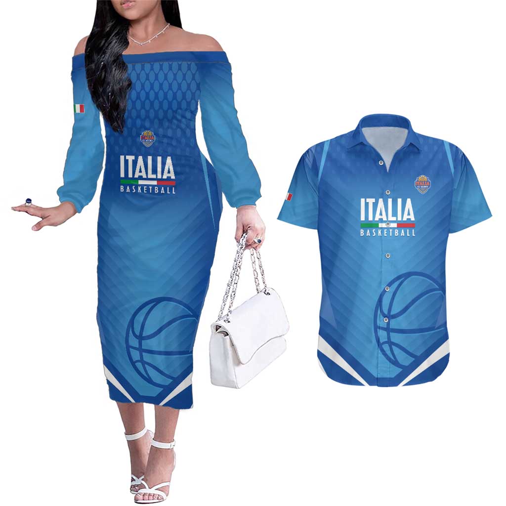 Italy Basketball Custom Couples Matching Off The Shoulder Long Sleeve Dress and Hawaiian Shirt Gli Azzurri Go Champions - Wonder Print Shop