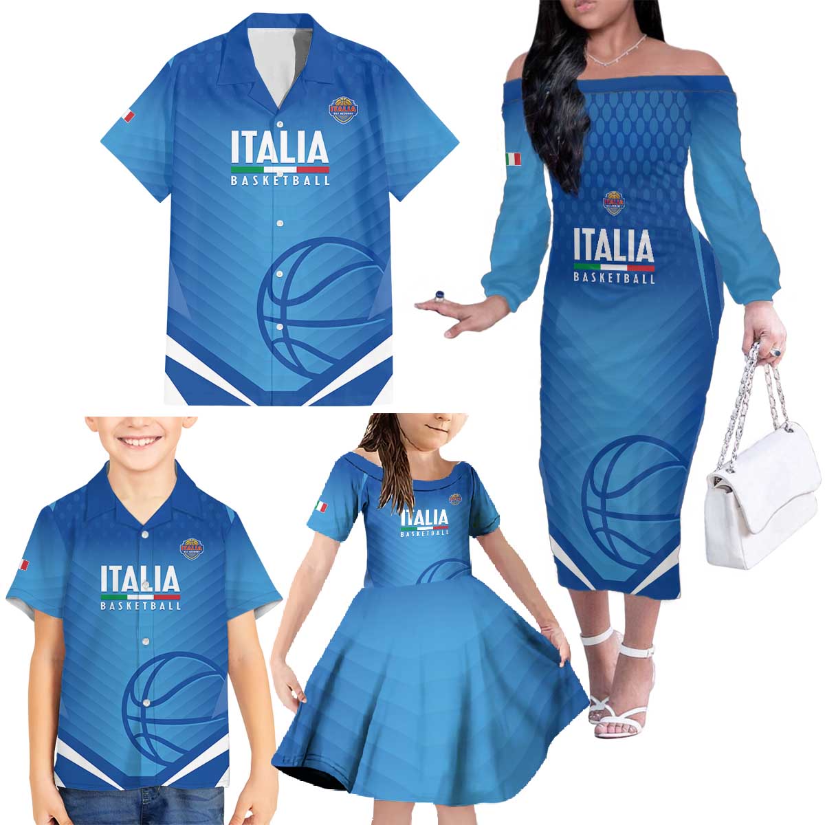 Italy Basketball Custom Family Matching Off The Shoulder Long Sleeve Dress and Hawaiian Shirt Gli Azzurri Go Champions - Wonder Print Shop