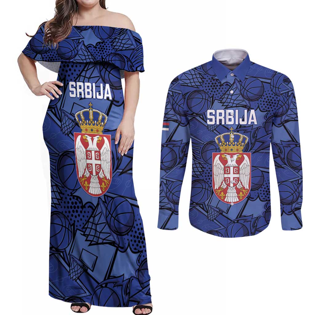 Serbia Basketball Custom Couples Matching Off Shoulder Maxi Dress and Long Sleeve Button Shirt Srbija Go Champions - Wonder Print Shop