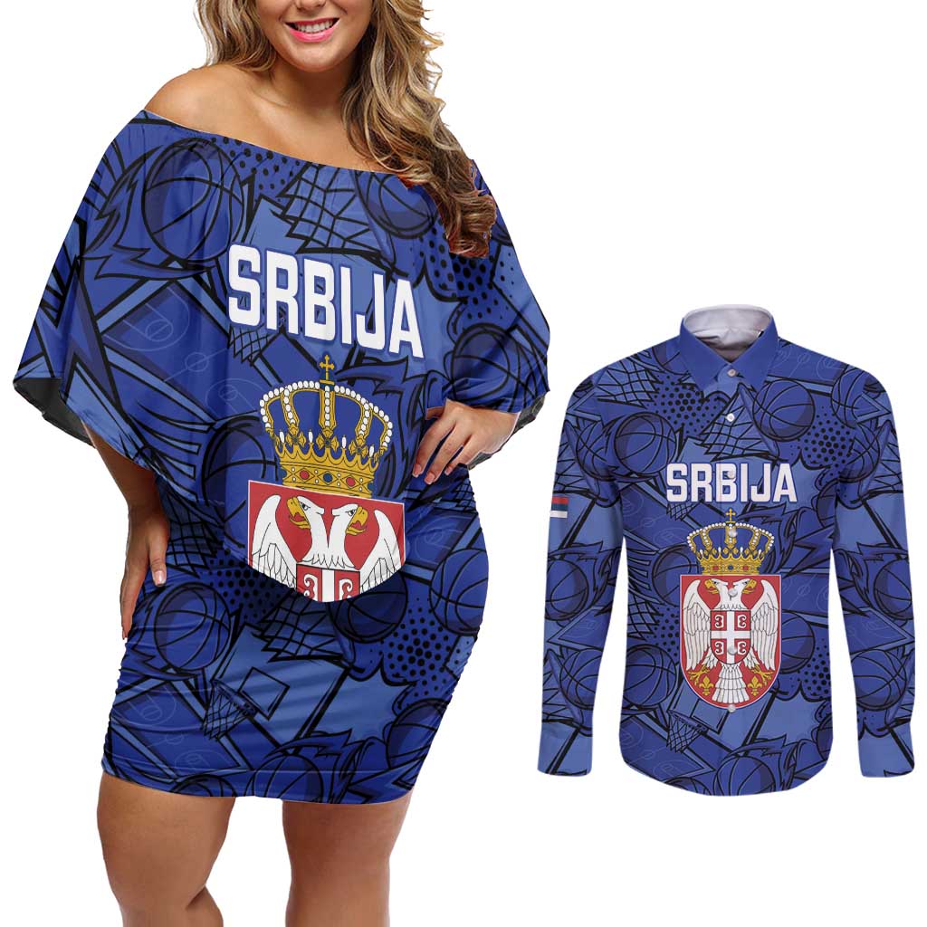 Serbia Basketball Custom Couples Matching Off Shoulder Short Dress and Long Sleeve Button Shirt Srbija Go Champions - Wonder Print Shop