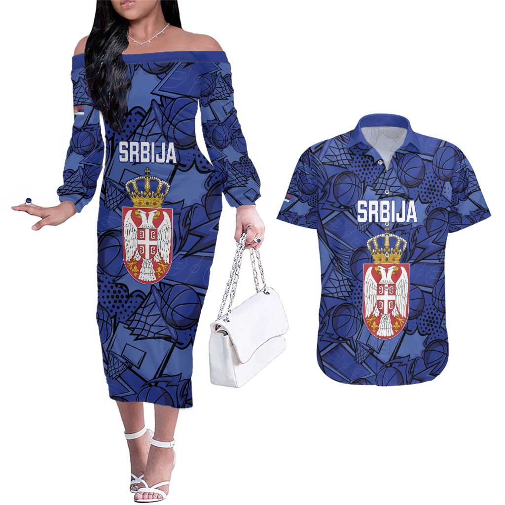 Serbia Basketball Custom Couples Matching Off The Shoulder Long Sleeve Dress and Hawaiian Shirt Srbija Go Champions - Wonder Print Shop