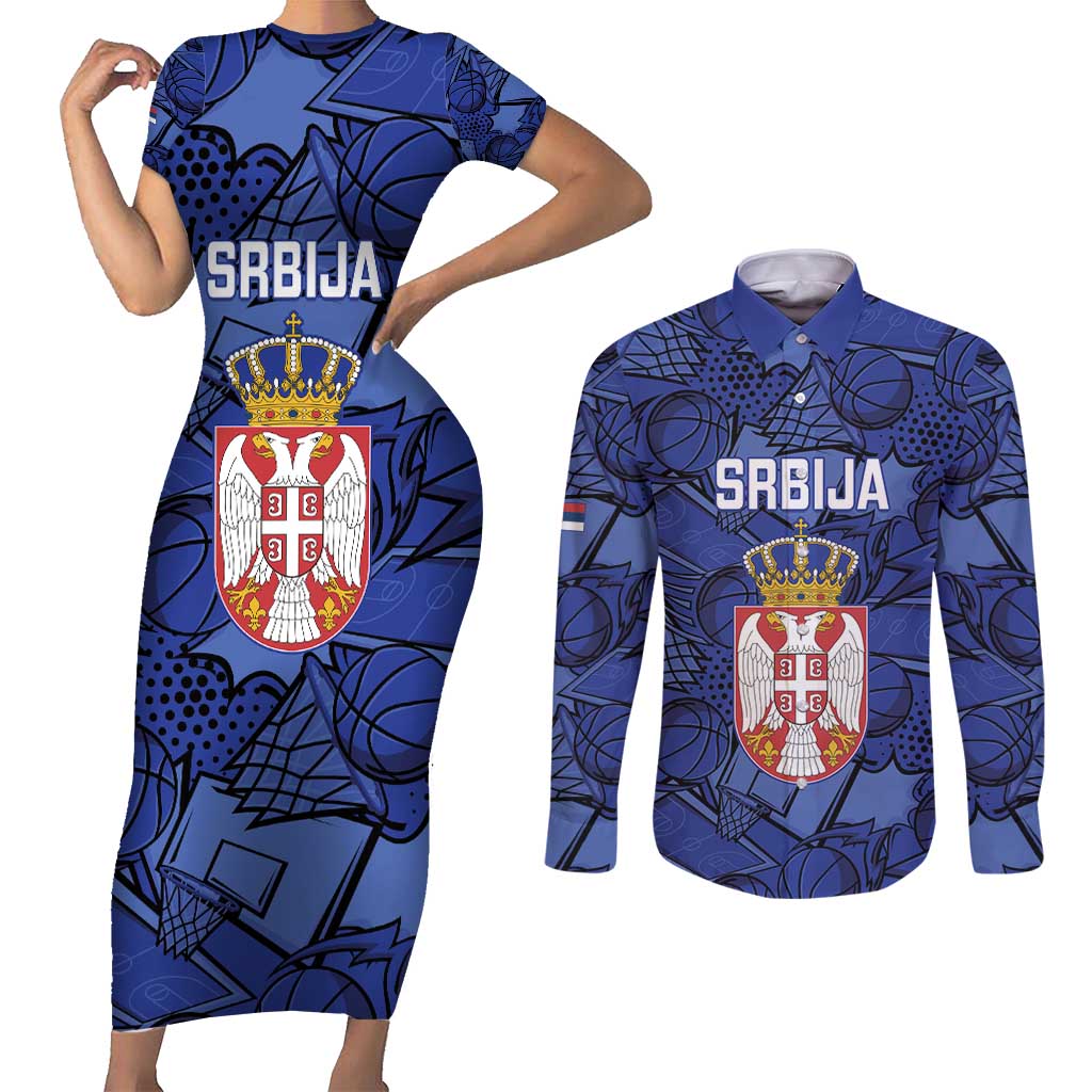Serbia Basketball Custom Couples Matching Short Sleeve Bodycon Dress and Long Sleeve Button Shirt Srbija Go Champions - Wonder Print Shop
