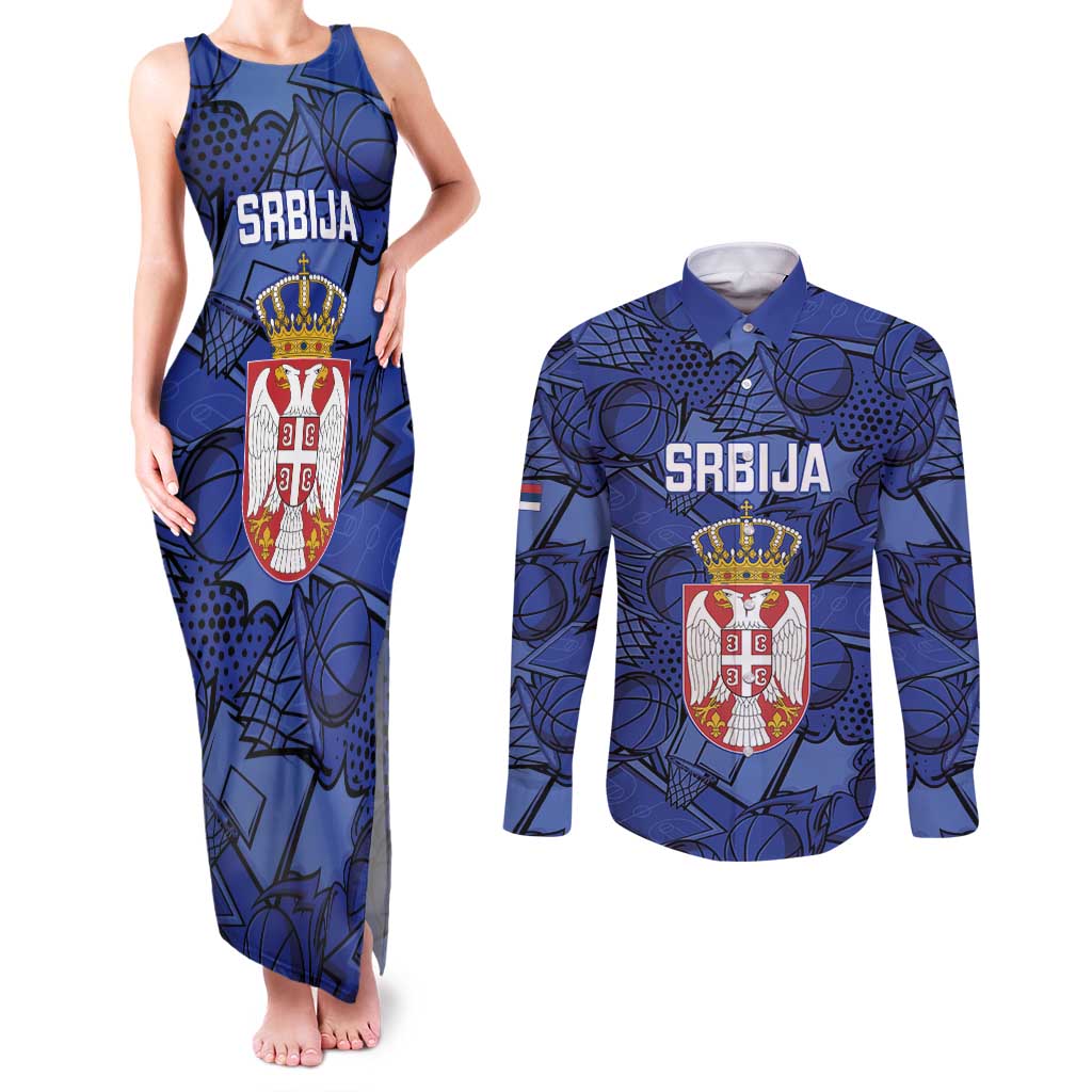 Serbia Basketball Custom Couples Matching Tank Maxi Dress and Long Sleeve Button Shirt Srbija Go Champions - Wonder Print Shop