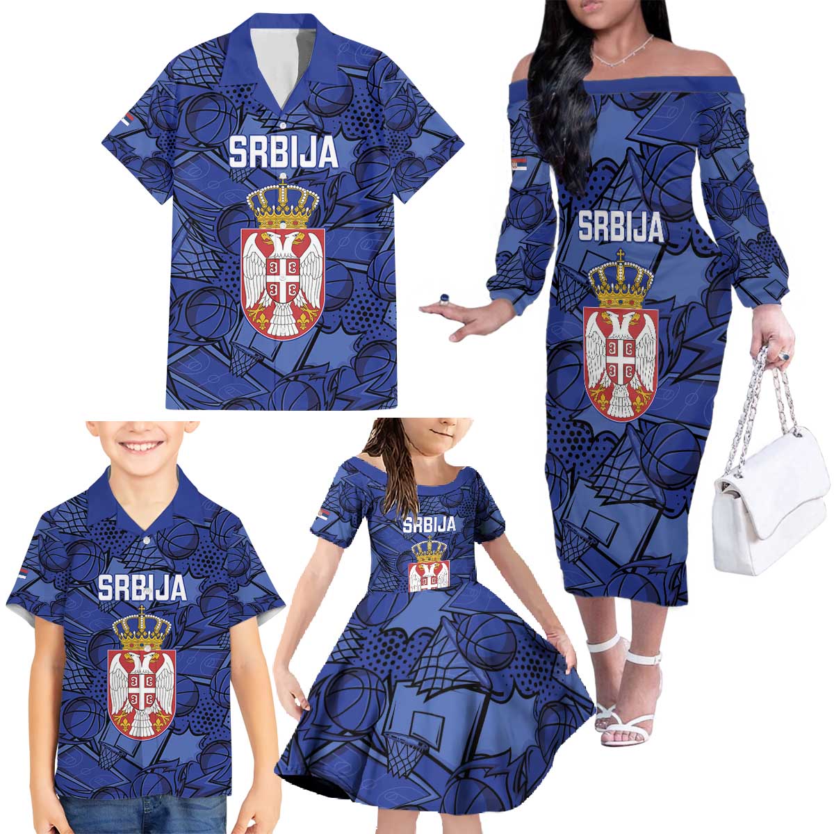 Serbia Basketball Custom Family Matching Off The Shoulder Long Sleeve Dress and Hawaiian Shirt Srbija Go Champions - Wonder Print Shop