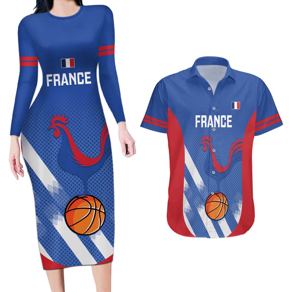 France Basketball Custom Couples Matching Long Sleeve Bodycon Dress and Hawaiian Shirt Allez Les Bleus - Wonder Print Shop