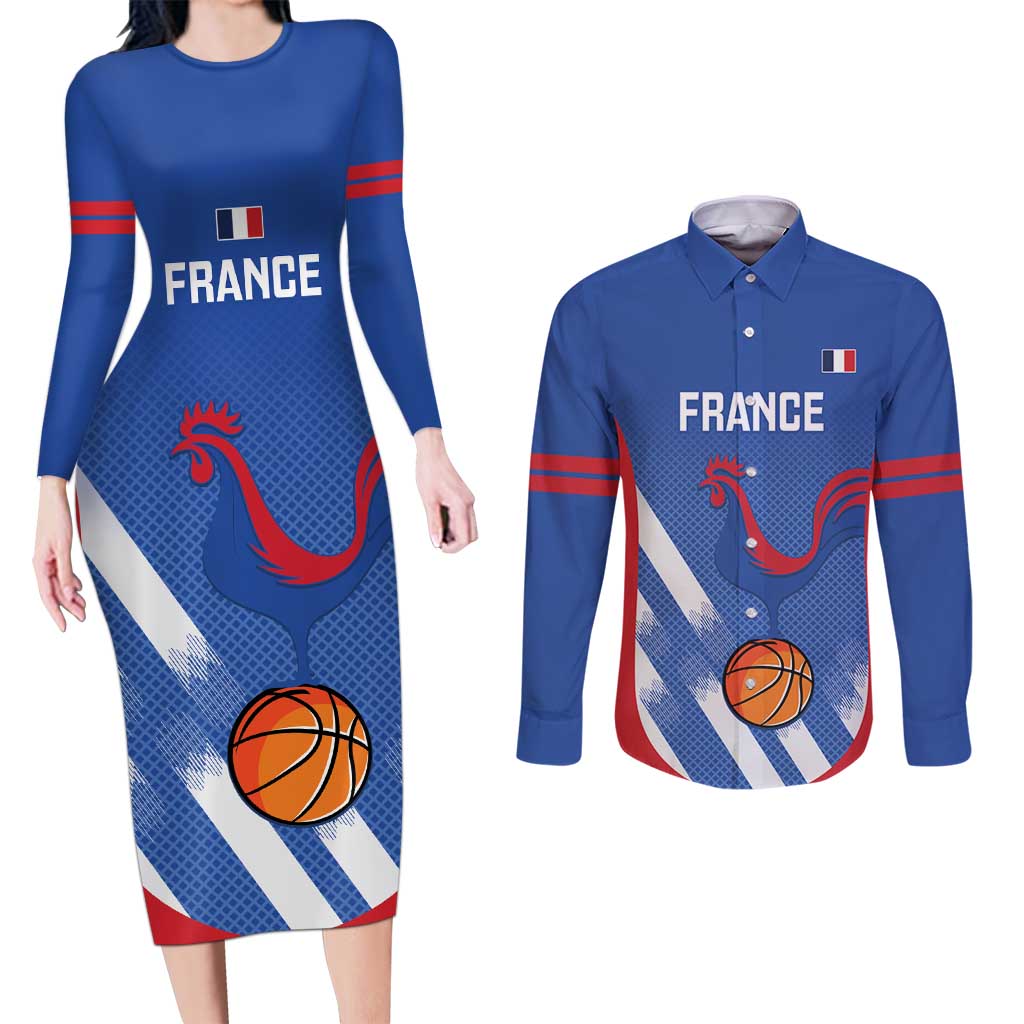 France Basketball Custom Couples Matching Long Sleeve Bodycon Dress and Long Sleeve Button Shirt Allez Les Bleus - Wonder Print Shop