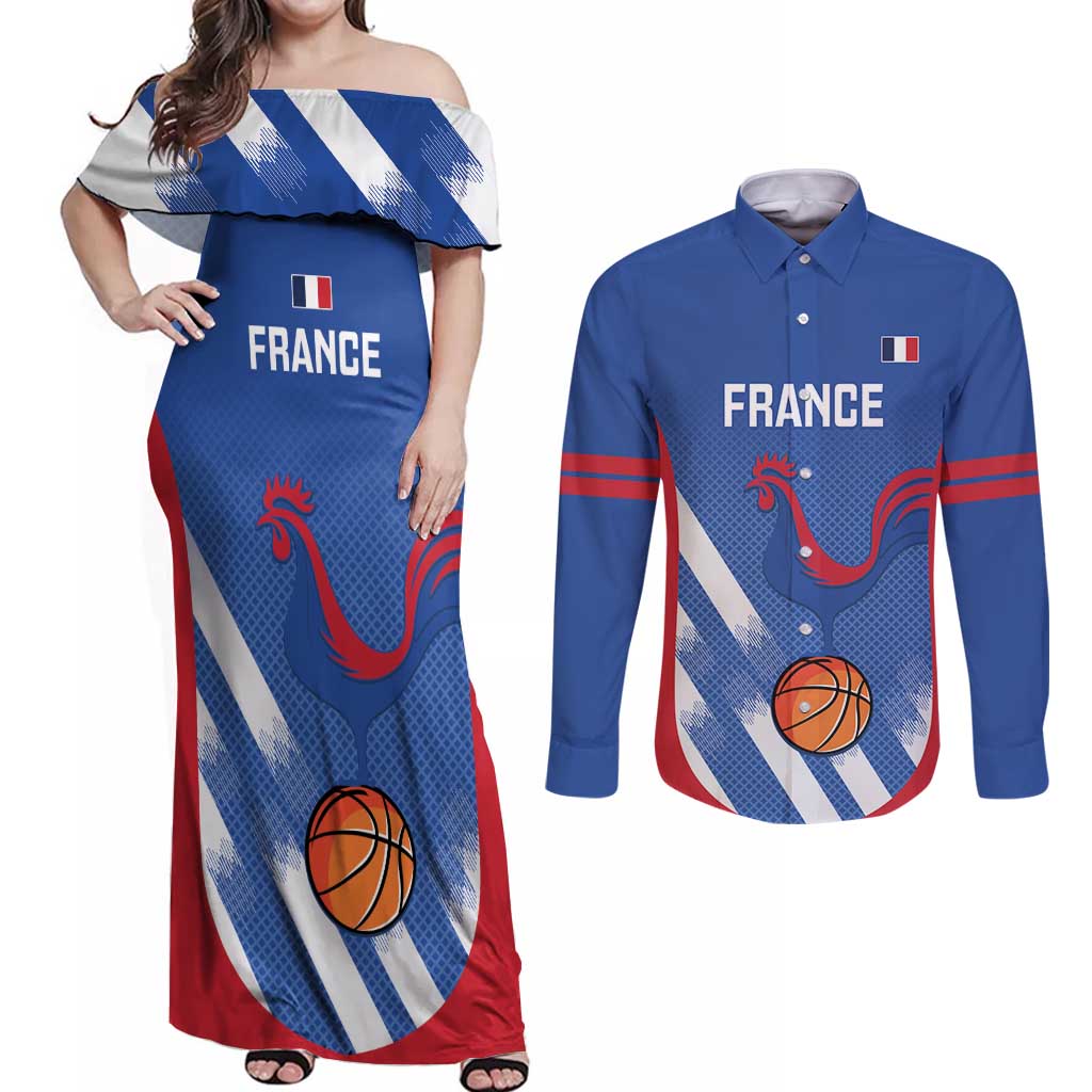 France Basketball Custom Couples Matching Off Shoulder Maxi Dress and Long Sleeve Button Shirt Allez Les Bleus - Wonder Print Shop