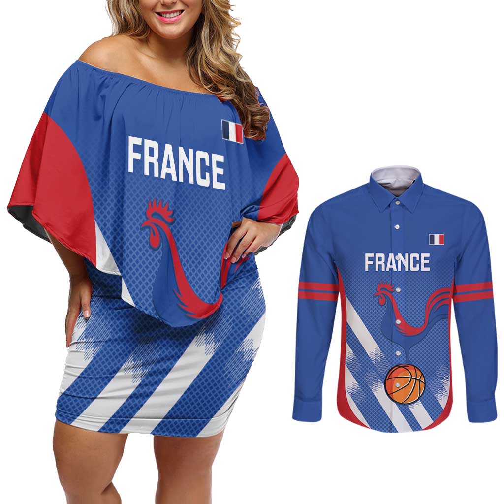 France Basketball Custom Couples Matching Off Shoulder Short Dress and Long Sleeve Button Shirt Allez Les Bleus - Wonder Print Shop