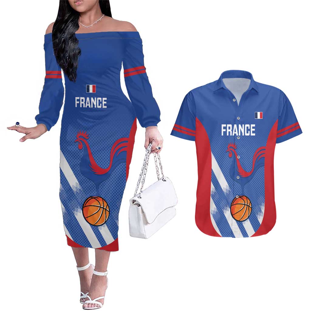 France Basketball Custom Couples Matching Off The Shoulder Long Sleeve Dress and Hawaiian Shirt Allez Les Bleus - Wonder Print Shop