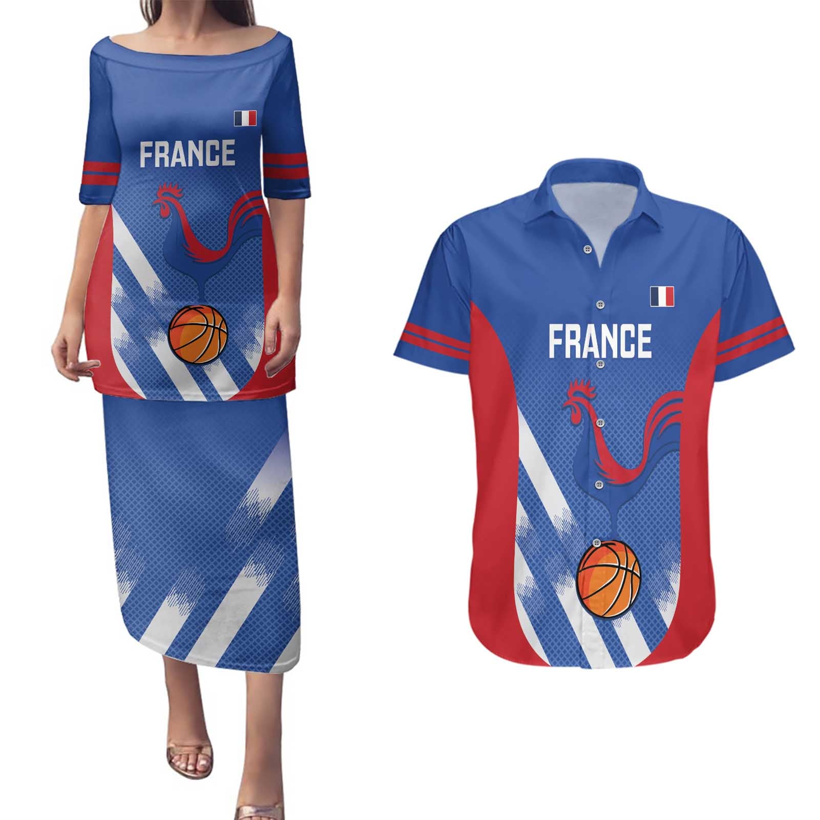 France Basketball Custom Couples Matching Puletasi and Hawaiian Shirt Allez Les Bleus - Wonder Print Shop