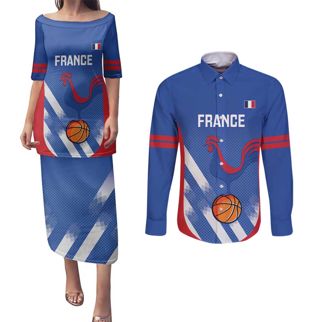 France Basketball Custom Couples Matching Puletasi and Long Sleeve Button Shirt Allez Les Bleus - Wonder Print Shop
