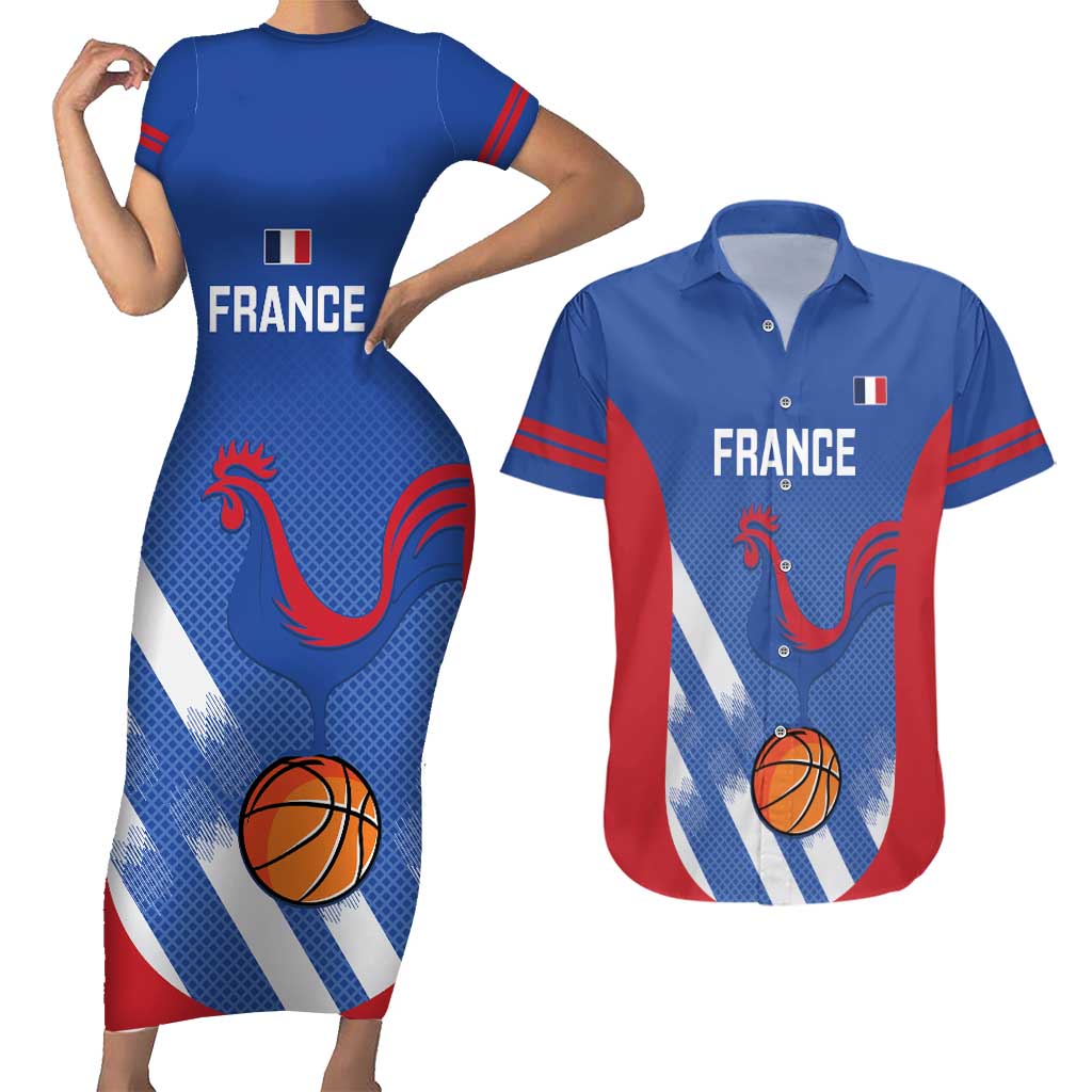 France Basketball Custom Couples Matching Short Sleeve Bodycon Dress and Hawaiian Shirt Allez Les Bleus - Wonder Print Shop