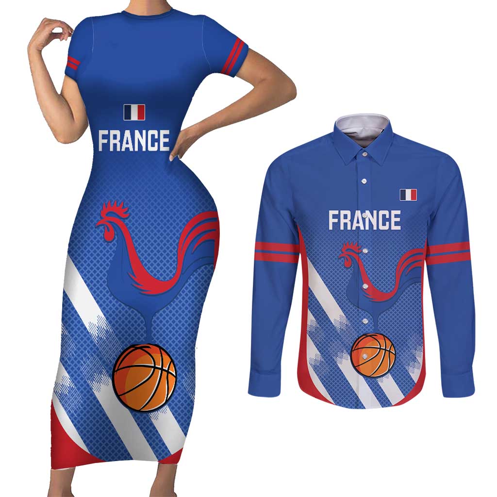 France Basketball Custom Couples Matching Short Sleeve Bodycon Dress and Long Sleeve Button Shirt Allez Les Bleus - Wonder Print Shop