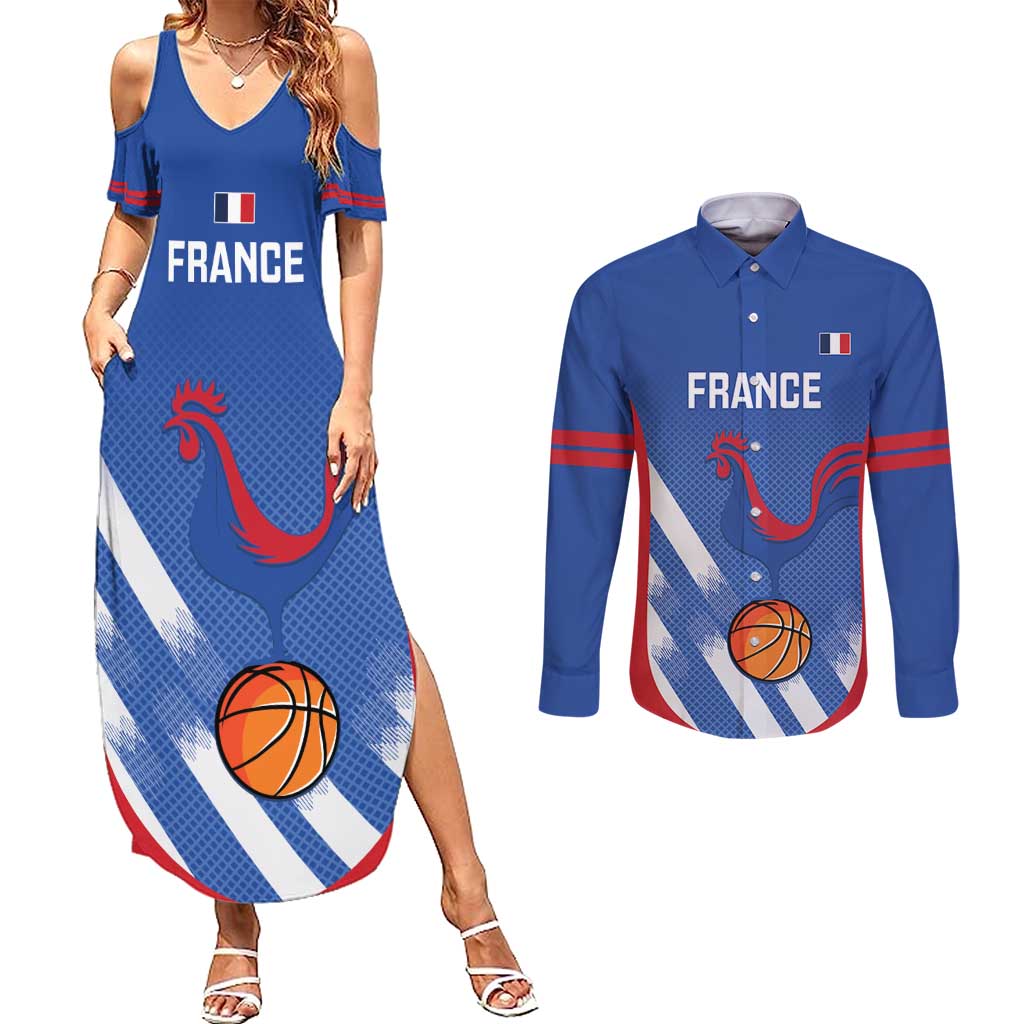 France Basketball Custom Couples Matching Summer Maxi Dress and Long Sleeve Button Shirt Allez Les Bleus - Wonder Print Shop