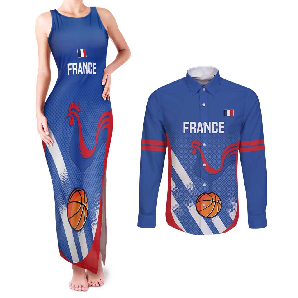 France Basketball Custom Couples Matching Tank Maxi Dress and Long Sleeve Button Shirt Allez Les Bleus - Wonder Print Shop