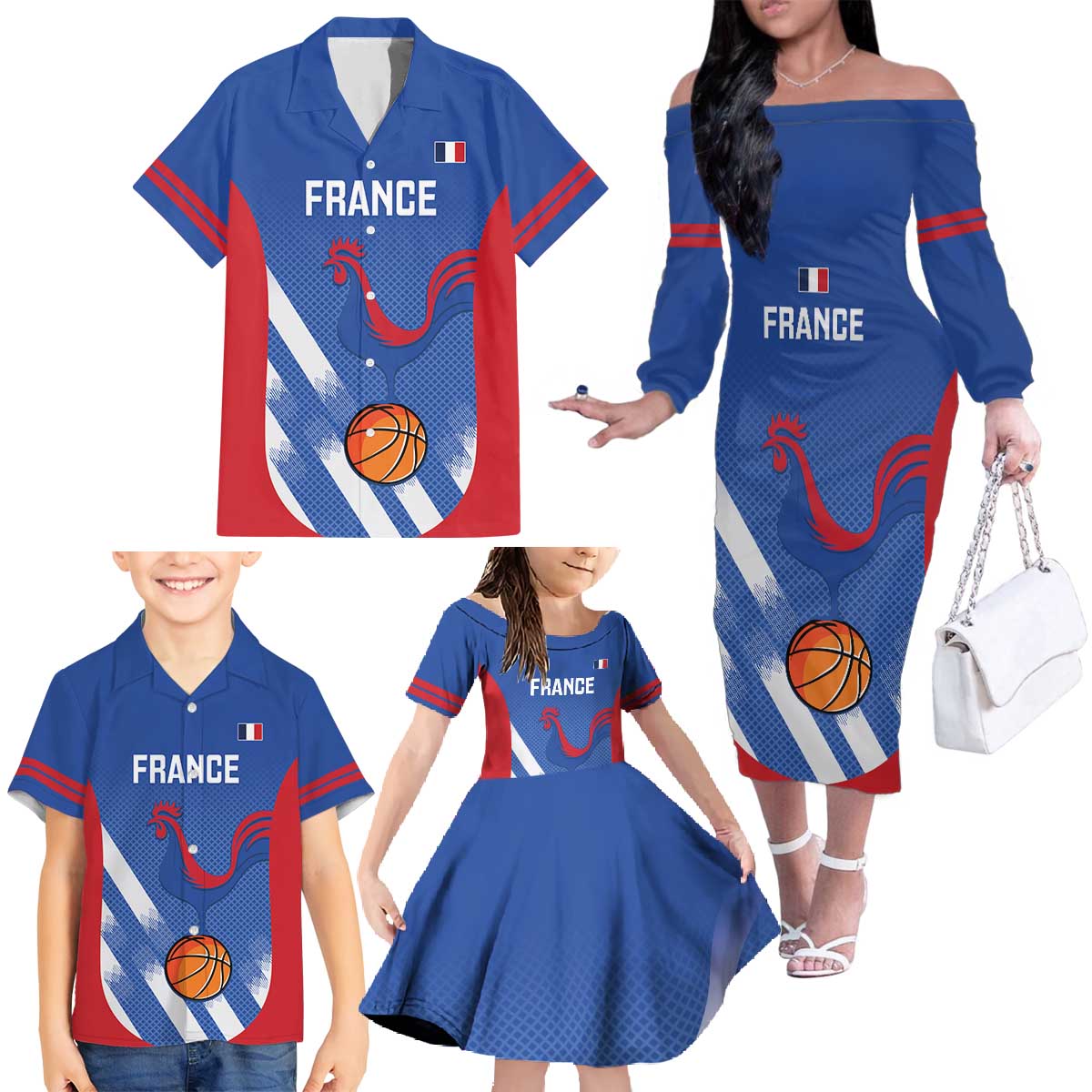 France Basketball Custom Family Matching Off The Shoulder Long Sleeve Dress and Hawaiian Shirt Allez Les Bleus - Wonder Print Shop