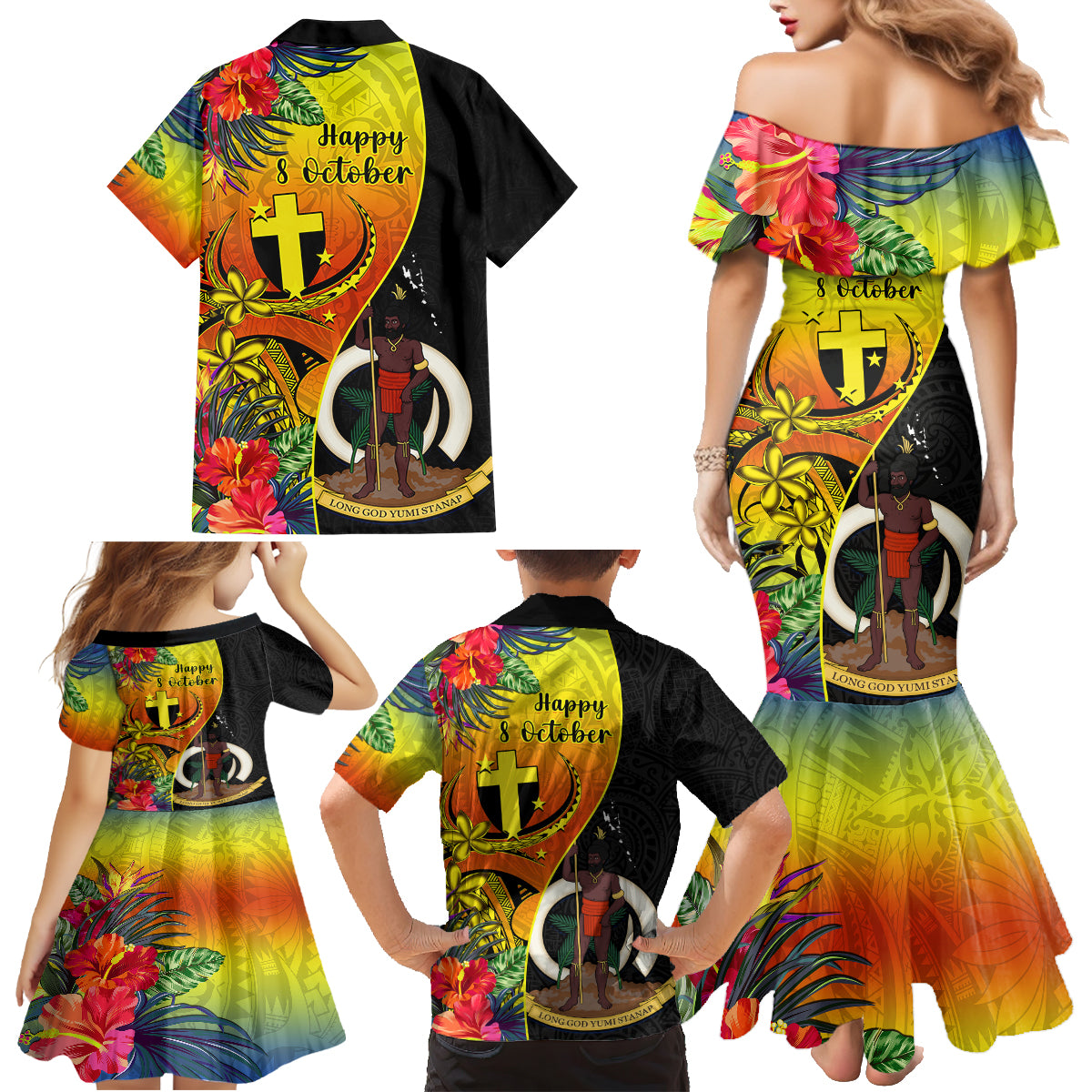 Vanuatu Tafea Day Family Matching Mermaid Dress and Hawaiian Shirt Coat Of Arms Mix Tropical Flowers - Wonder Print Shop