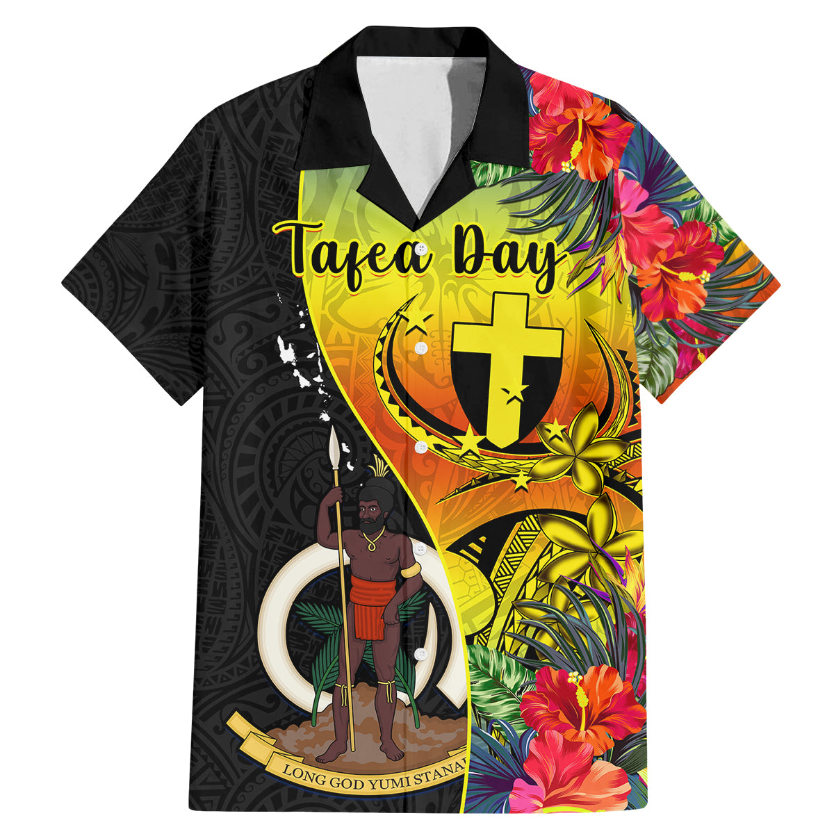 Vanuatu Tafea Day Family Matching Mermaid Dress and Hawaiian Shirt Coat Of Arms Mix Tropical Flowers - Wonder Print Shop