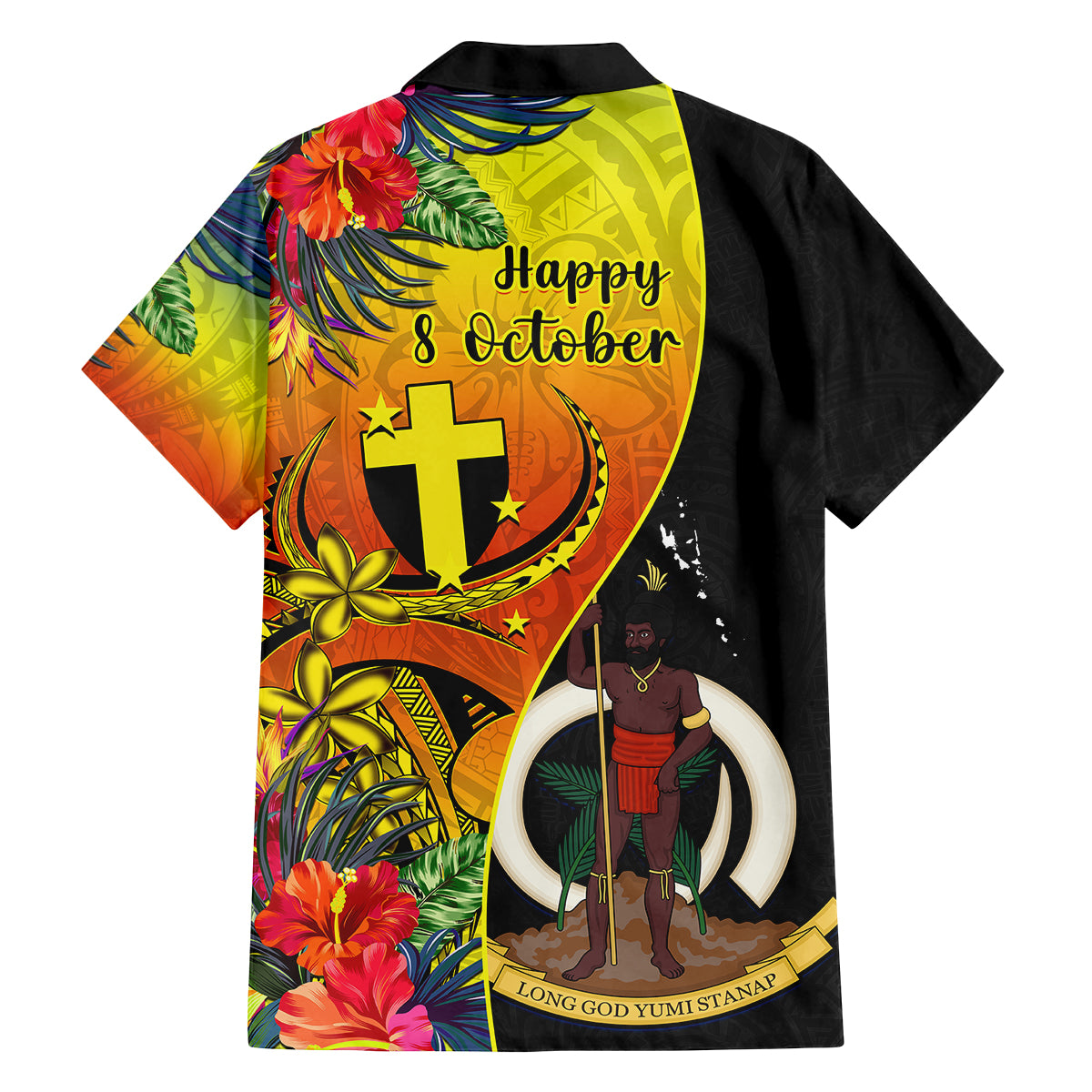 Vanuatu Tafea Day Family Matching Puletasi Dress and Hawaiian Shirt Coat Of Arms Mix Tropical Flowers - Wonder Print Shop