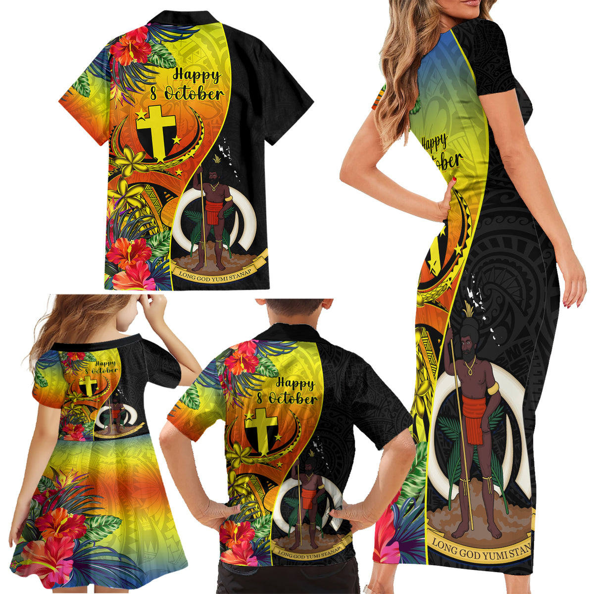 Vanuatu Tafea Day Family Matching Short Sleeve Bodycon Dress and Hawaiian Shirt Coat Of Arms Mix Tropical Flowers - Wonder Print Shop