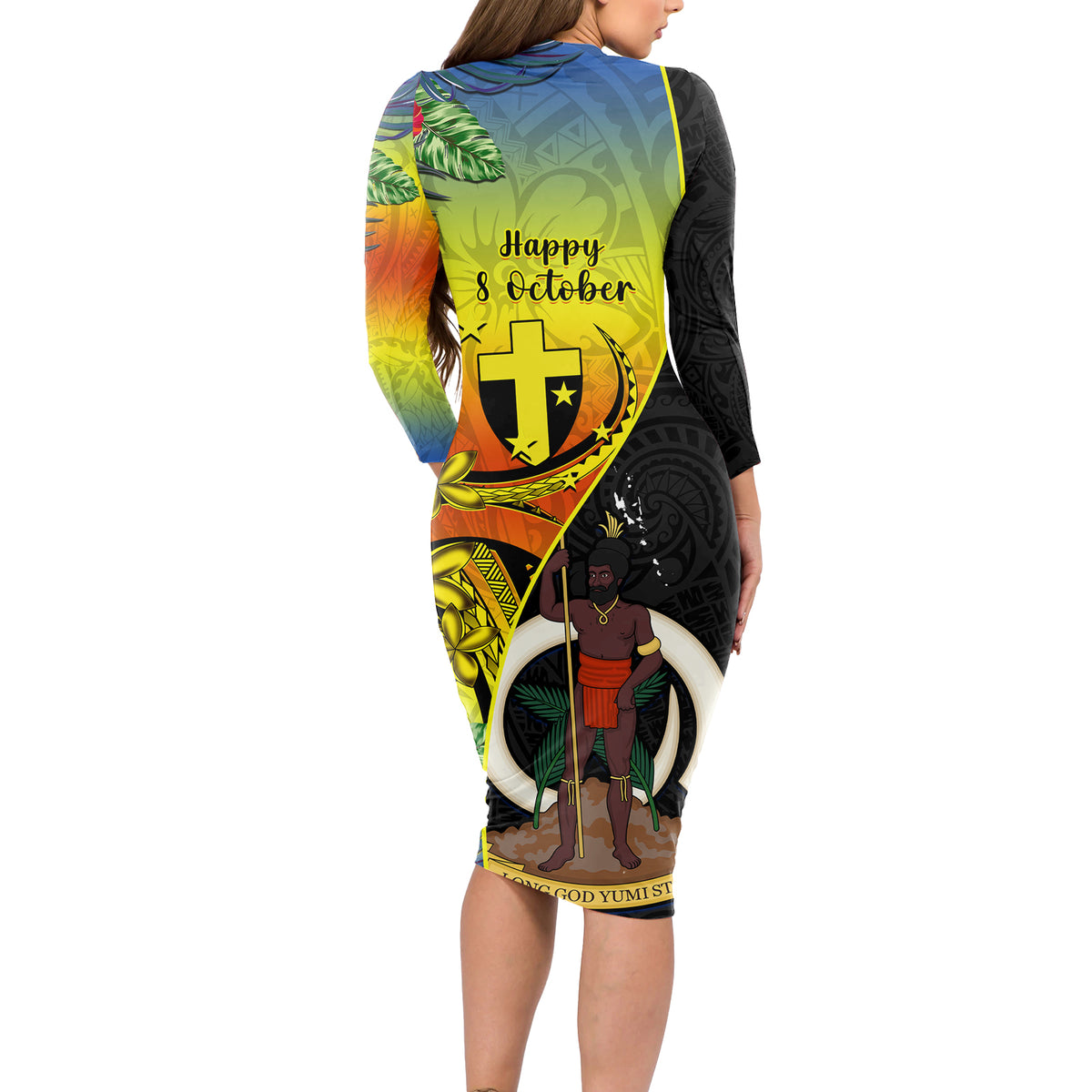 Vanuatu Tafea Day Long Sleeve Bodycon Dress Coat Of Arms Mix Tropical Flowers - Wonder Print Shop
