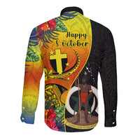 Vanuatu Tafea Day Long Sleeve Button Shirt Coat Of Arms Mix Tropical Flowers - Wonder Print Shop