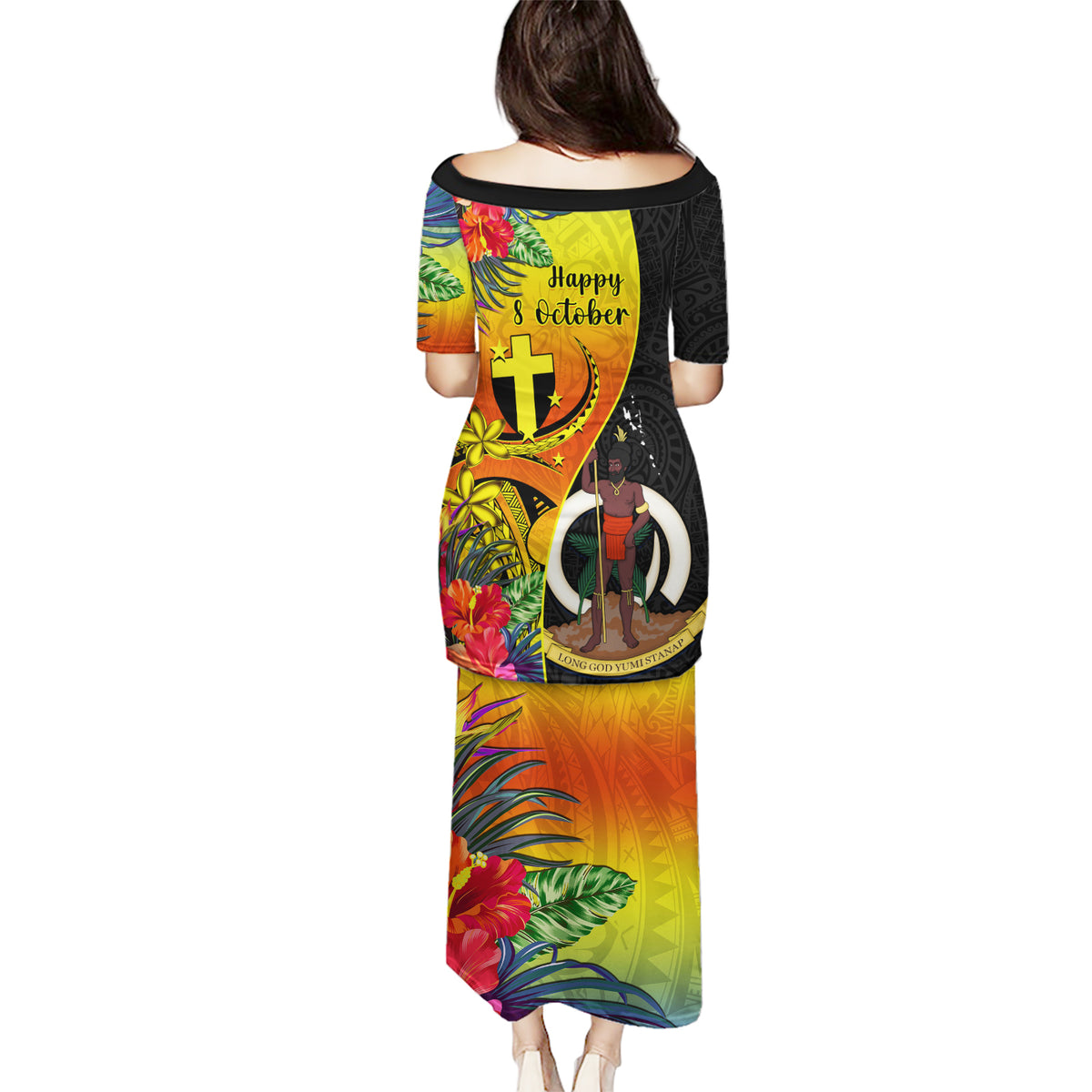 Vanuatu Tafea Day Puletasi Coat Of Arms Mix Tropical Flowers - Wonder Print Shop