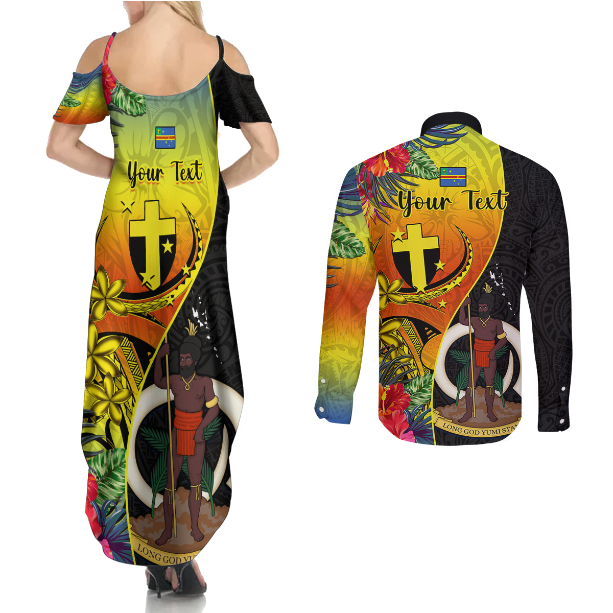 Personalised Vanuatu Tafea Day Couples Matching Summer Maxi Dress and Long Sleeve Button Shirts Coat Of Arms Mix Tropical Flowers - Wonder Print Shop
