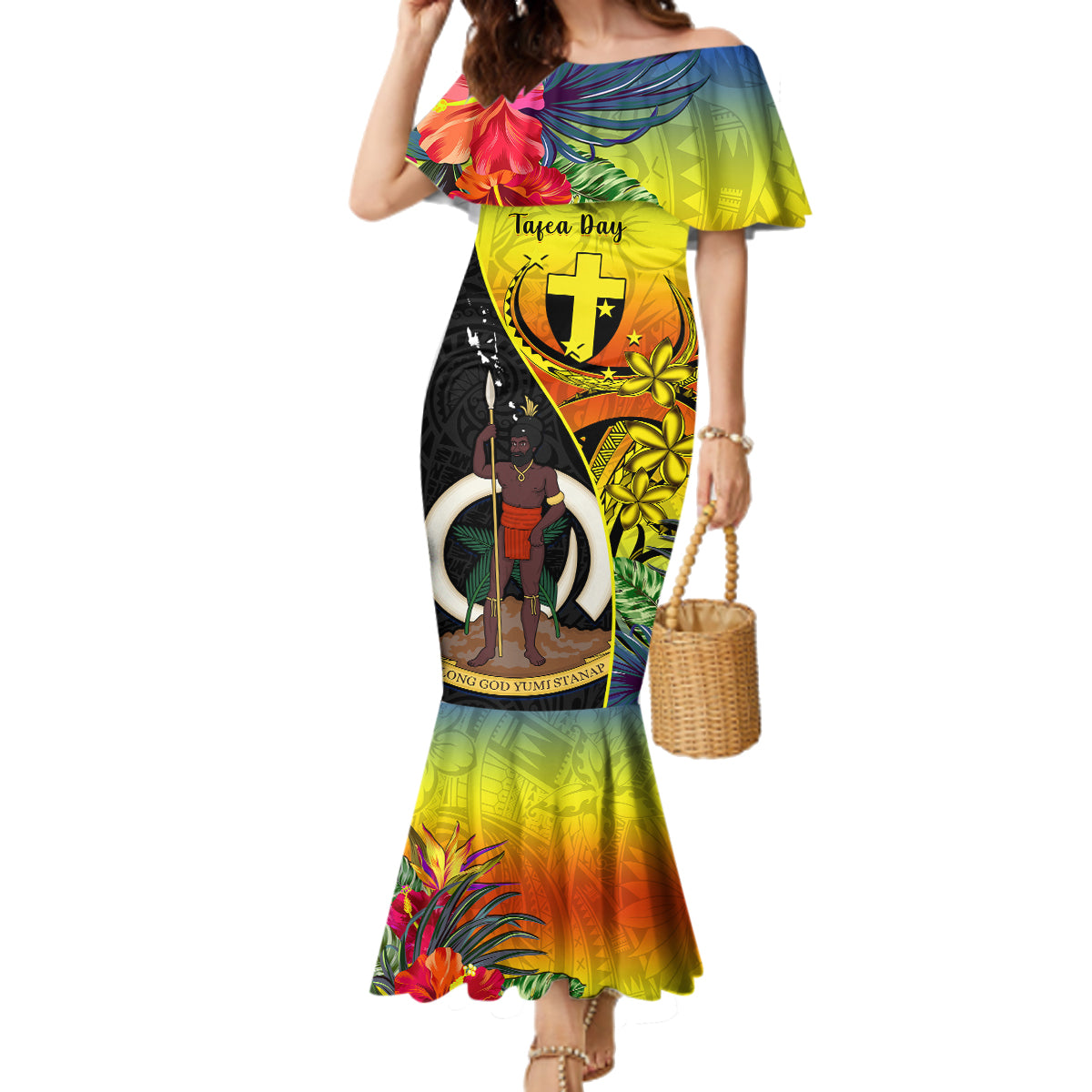 Personalised Vanuatu Tafea Day Family Matching Mermaid Dress and Hawaiian Shirt Coat Of Arms Mix Tropical Flowers - Wonder Print Shop